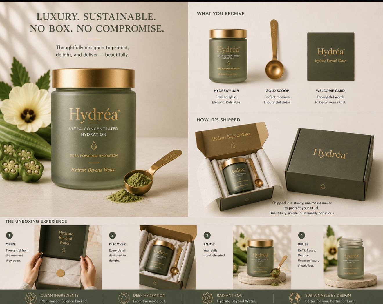 Hydréa unboxing experience — jar, scoop, welcome card and mailer