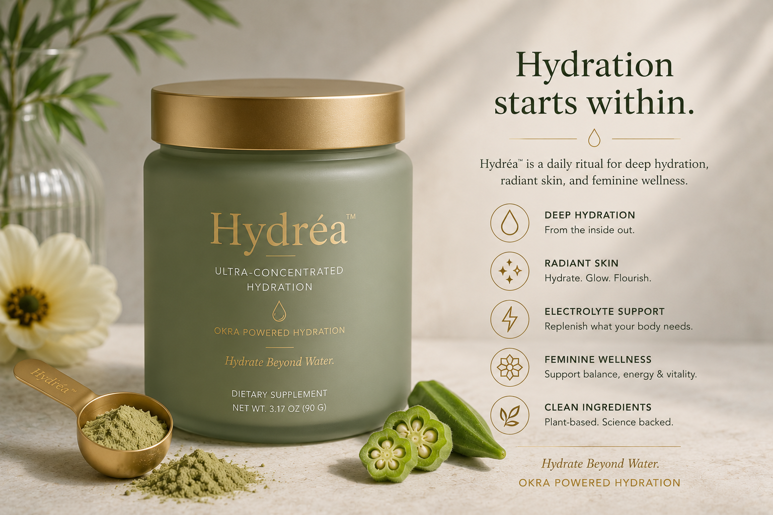 Hydréa jar with gold scoop, okra and botanicals on warm stone